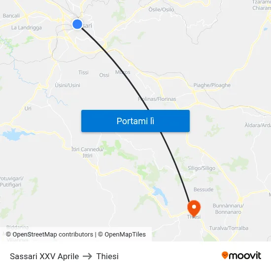 Sassari XXV Aprile to Thiesi map