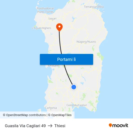 Guasila Via Cagliari 49 to Thiesi map