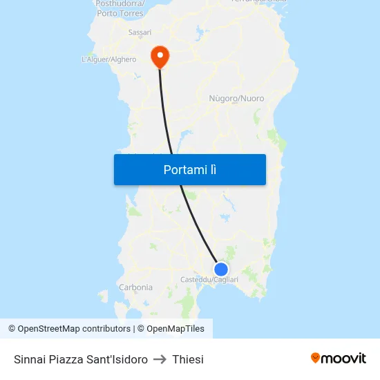 Sinnai Piazza Sant'Isidoro to Thiesi map