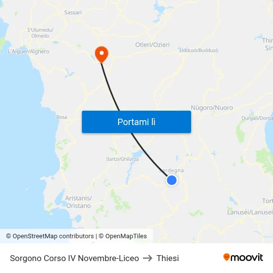 Sorgono Corso IV Novembre-Liceo to Thiesi map