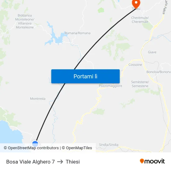 Bosa Viale Alghero 7 to Thiesi map