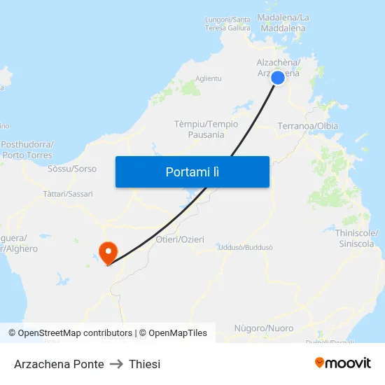 Arzachena Ponte to Thiesi map