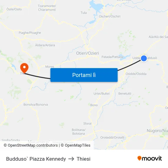 Budduso` Piazza Kennedy to Thiesi map