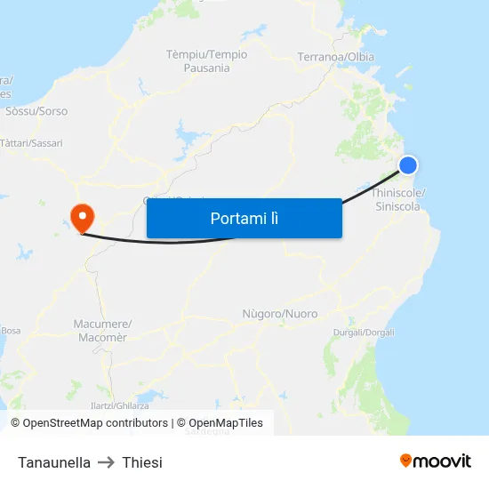 Tanaunella to Thiesi map