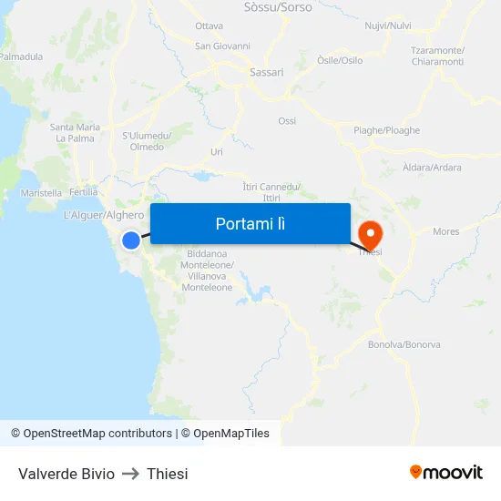 Valverde Bivio to Thiesi map