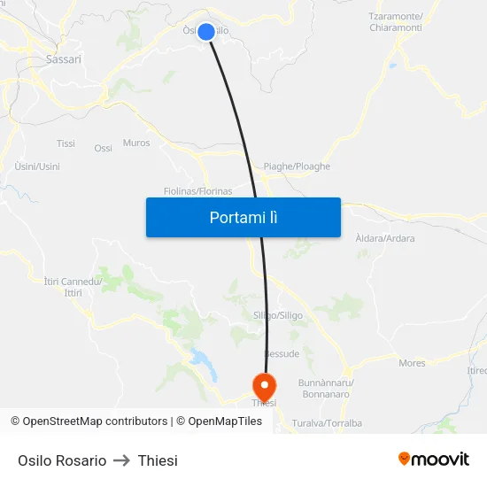 Osilo Rosario to Thiesi map