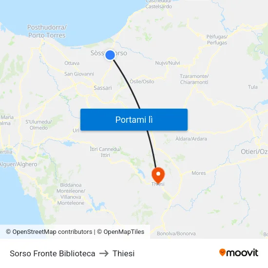Sorso Fronte Biblioteca to Thiesi map