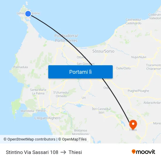 Stintino Via Sassari 108 to Thiesi map
