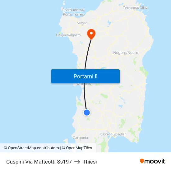 Guspini Via Matteotti-Ss197 to Thiesi map