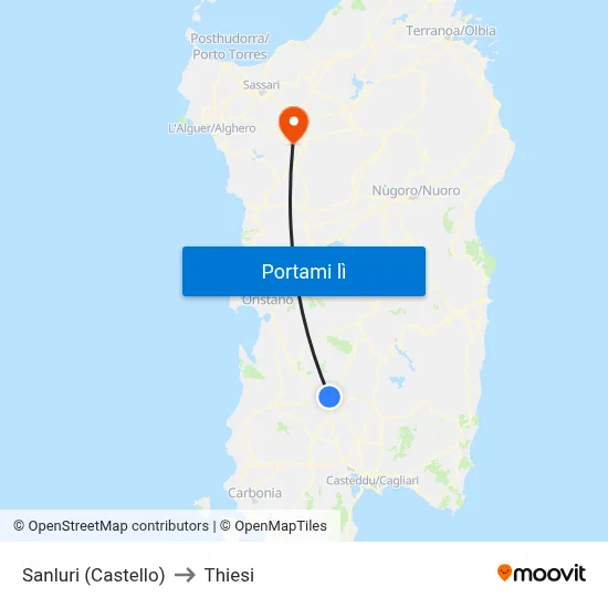 Sanluri (Castello) to Thiesi map