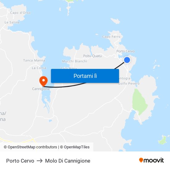 Porto Cervo to Molo Di Cannigione map