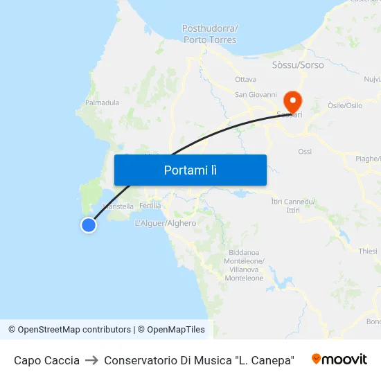 Capo Caccia to Conservatorio Di Musica "L. Canepa" map