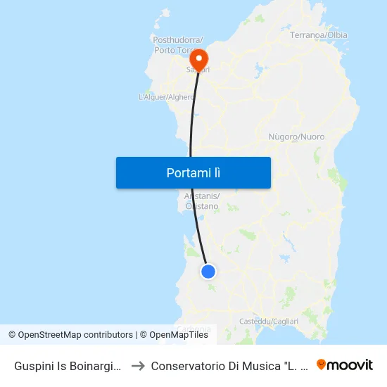 Guspini Is Boinargius Sud to Conservatorio Di Musica "L. Canepa" map