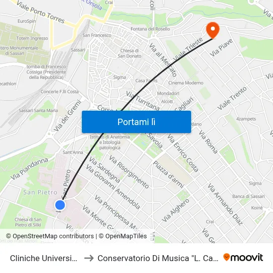 Cliniche Universitarie to Conservatorio Di Musica "L. Canepa" map