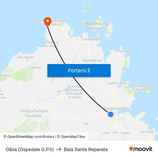 Olbia (Ospedale G.P.Ii) to Baia Santa Reparata map