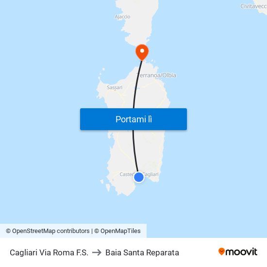 Cagliari Via Roma F.S. to Baia Santa Reparata map