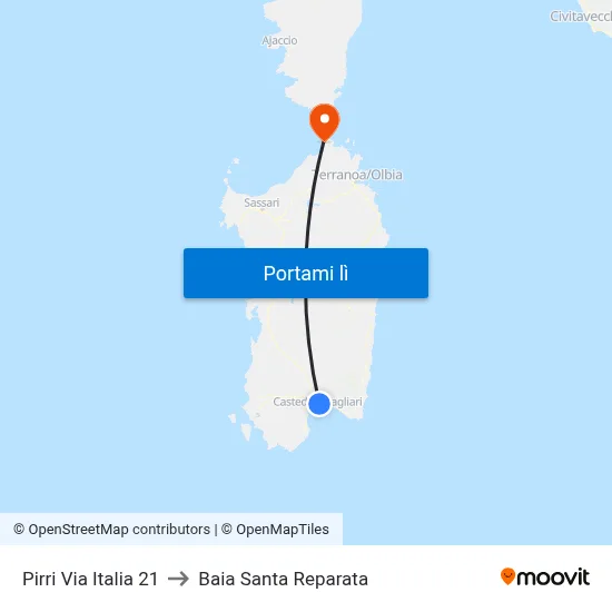 Pirri Via Italia 21 to Baia Santa Reparata map