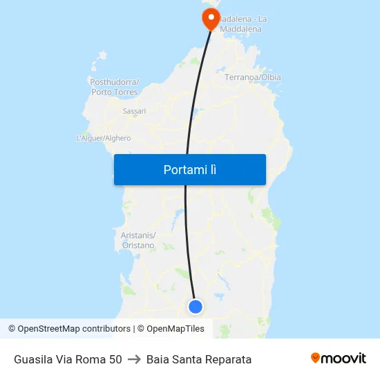 Guasila Via Roma 50 to Baia Santa Reparata map
