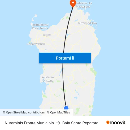 Nuraminis Fronte Municipio to Baia Santa Reparata map