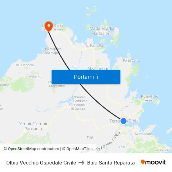 Olbia Vecchio Ospedale Civile to Baia Santa Reparata map