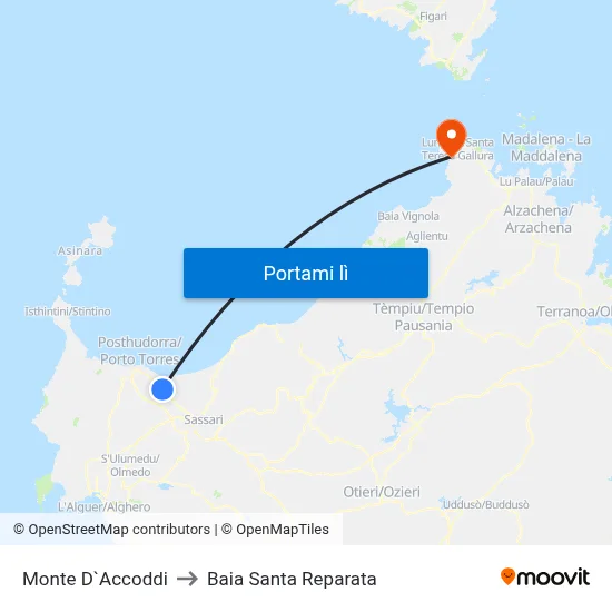 Monte D`Accoddi to Baia Santa Reparata map