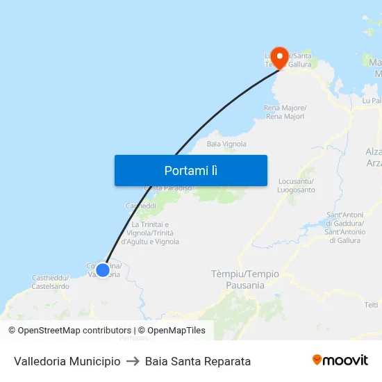 Valledoria Municipio to Baia Santa Reparata map