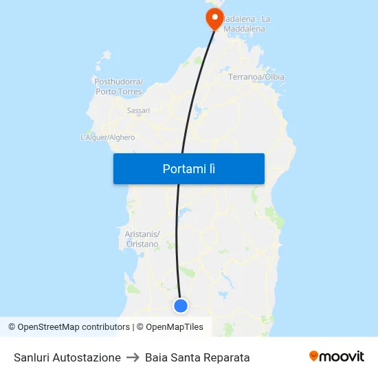 Sanluri Autostazione to Baia Santa Reparata map