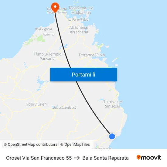 Orosei Via San Francesco 55 to Baia Santa Reparata map