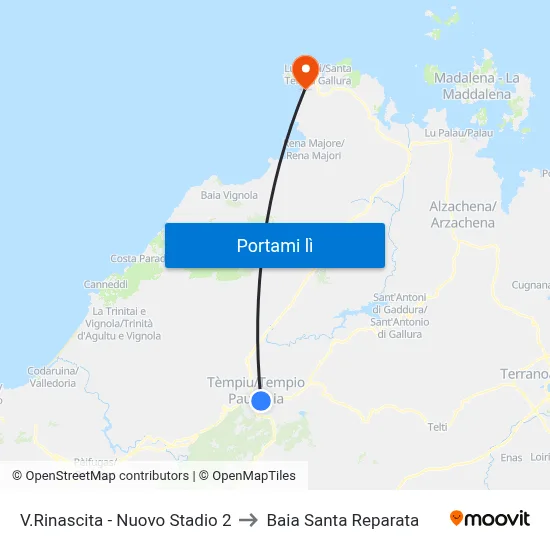 V.Rinascita - Nuovo Stadio 2 to Baia Santa Reparata map