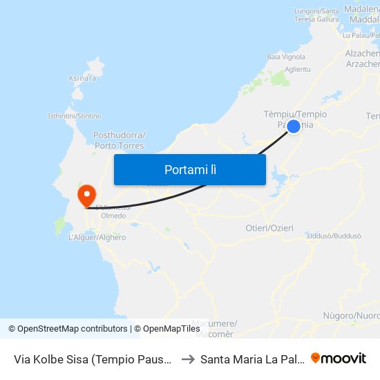 Via Kolbe Sisa (Tempio Pausania) to Santa Maria La Palma map