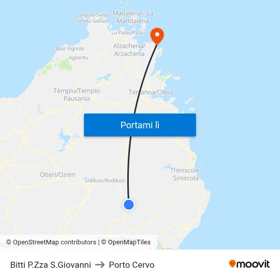 Bitti P.Zza S.Giovanni to Porto Cervo map