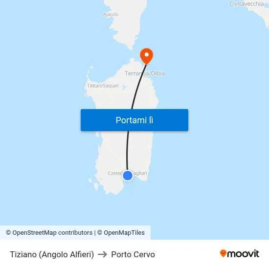 Tiziano (Angolo Alfieri) to Porto Cervo map