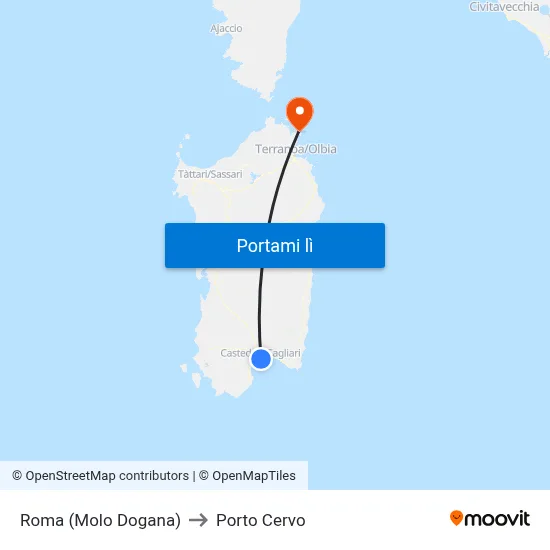 Roma (Molo Dogana) to Porto Cervo map