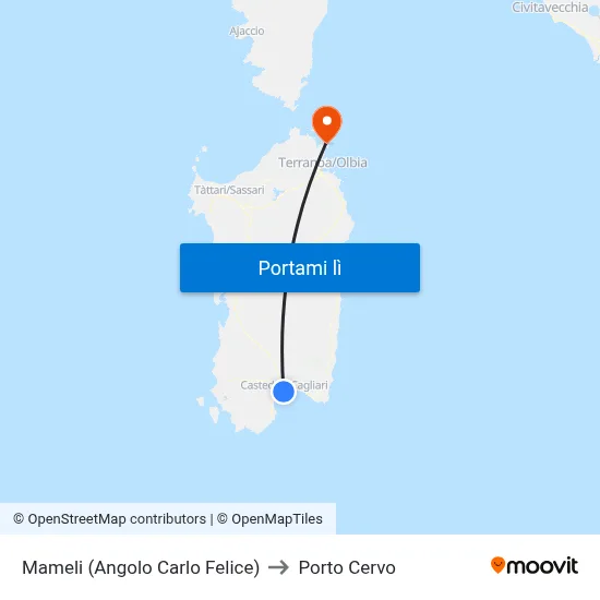 Mameli (Angolo Carlo Felice) to Porto Cervo map