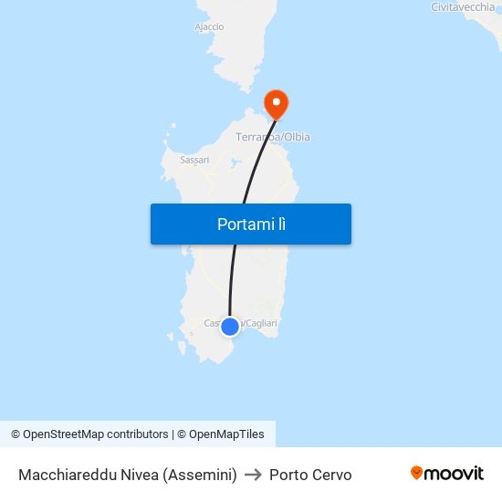 Macchiareddu  Nivea (Assemini) to Porto Cervo map