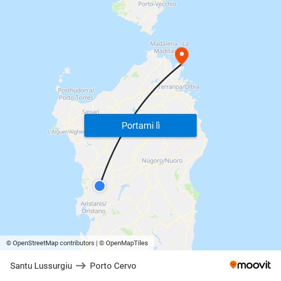Santu Lussurgiu to Porto Cervo map
