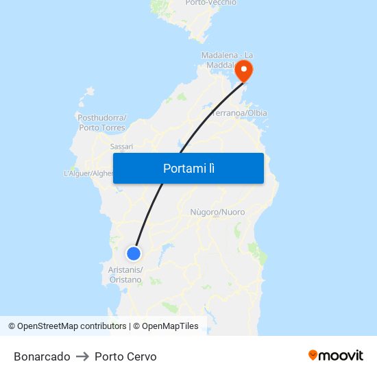 Bonarcado to Porto Cervo map