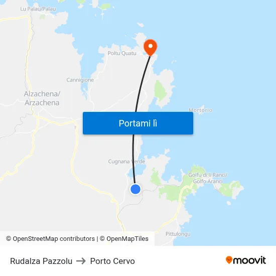 Rudalza Pazzolu to Porto Cervo map