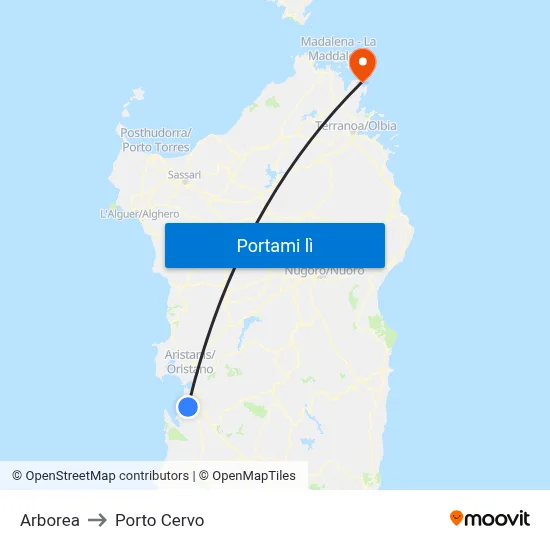 Arborea to Porto Cervo map