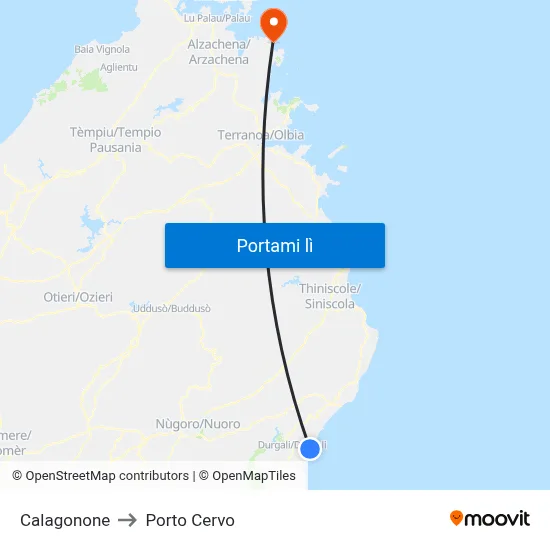 Calagonone to Porto Cervo map