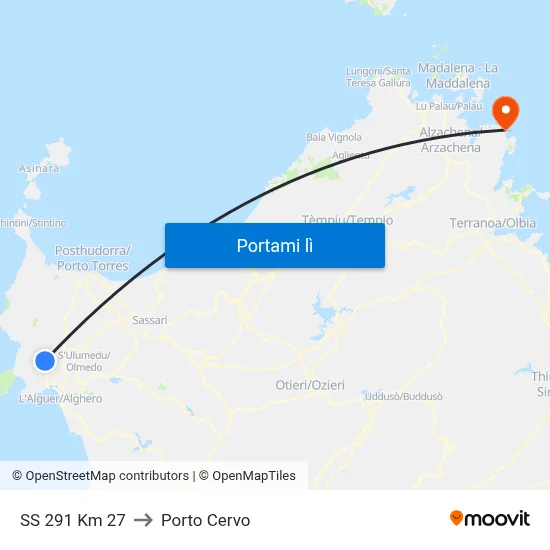 SS 291 Km 27 to Porto Cervo map