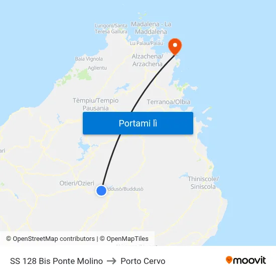 SS 128 Bis Ponte Molino to Porto Cervo map