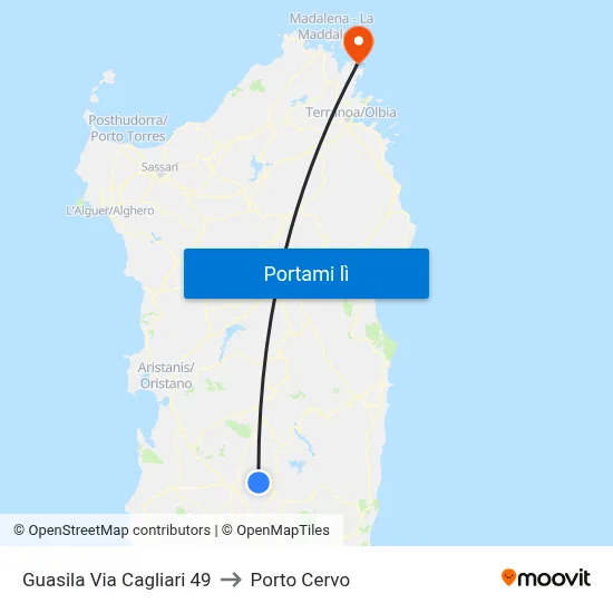 Guasila Via Cagliari 49 to Porto Cervo map