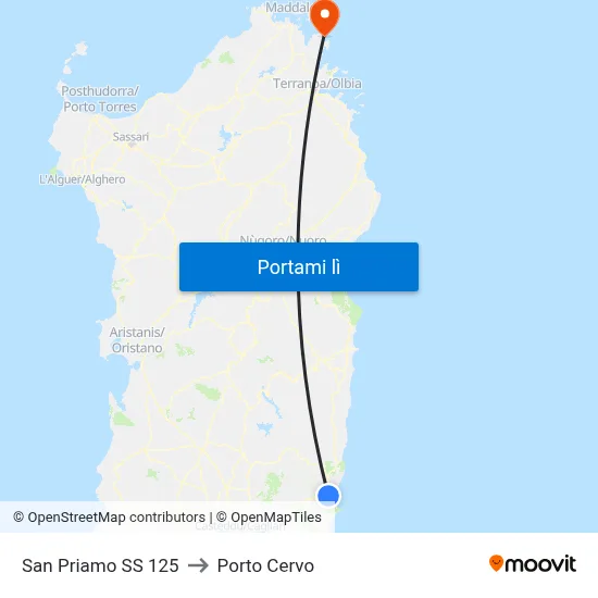 San Priamo SS 125 to Porto Cervo map