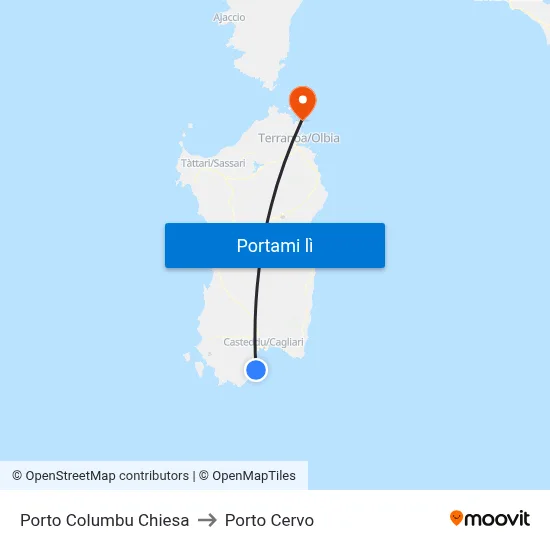 Porto Columbu Chiesa to Porto Cervo map