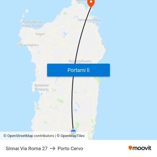 Sinnai Via Roma 27 to Porto Cervo map