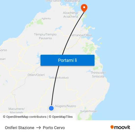 Oniferi Stazione to Porto Cervo map