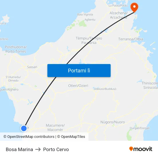 Bosa Marina to Porto Cervo map