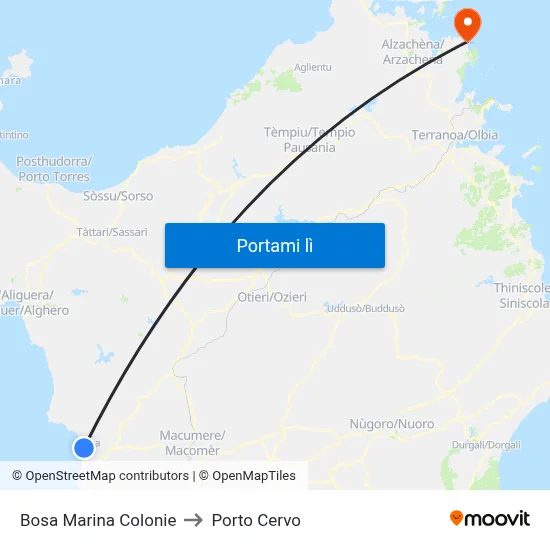 Bosa Marina Colonie to Porto Cervo map