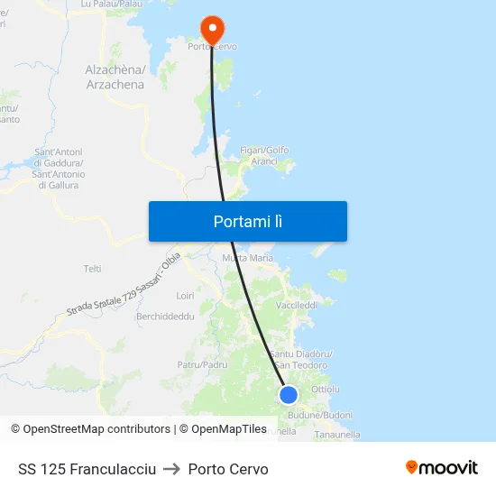 SS 125 Franculacciu to Porto Cervo map